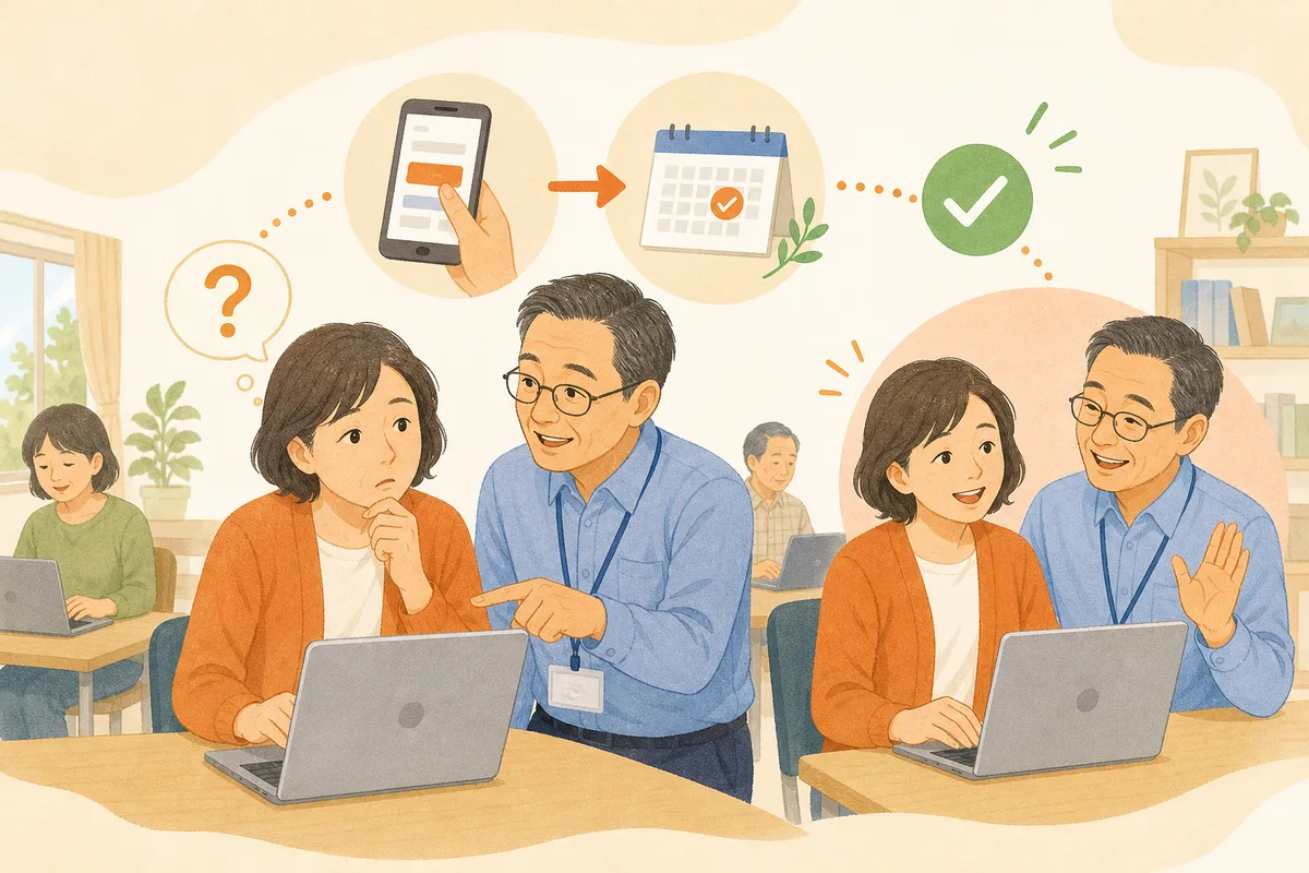 パソコンの困りごとを講師へ相談し、予約から体験へ進む様子のイラスト